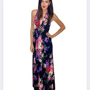 Vintage 1970s Patti Scott Floral Halter Maxi Dress | Bold Rose Print Disco Era
